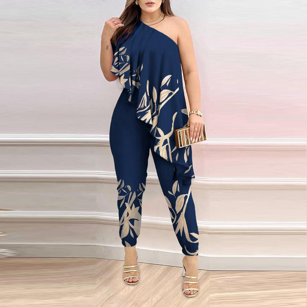 Printed One-shoulder Ruffled Jumpsuit Grayceful LLC