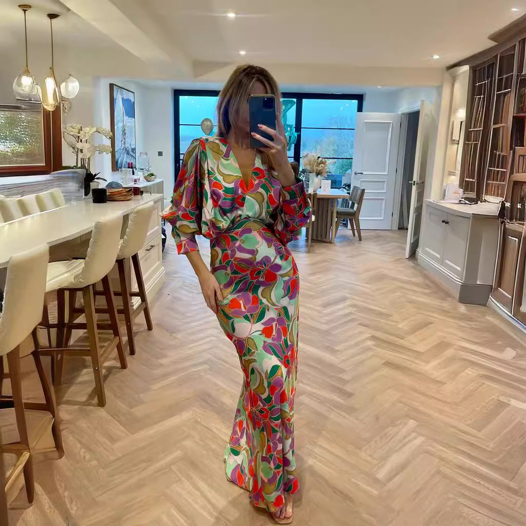 Floral V-neck Tight Waist Dress High-grade Sense Grayceful LLC