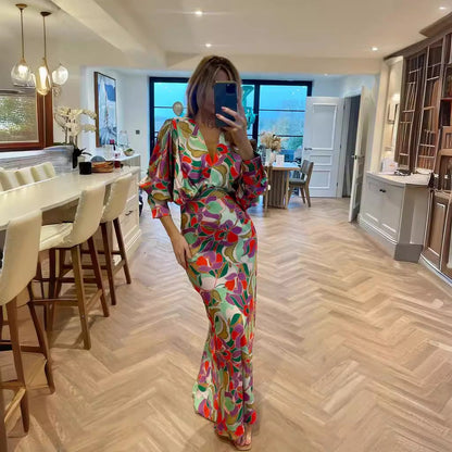 Floral V-neck Tight Waist Dress High-grade Sense Grayceful LLC