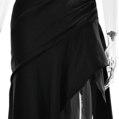 elegant satin long skirt personality suspender ruffle high slit dress club clothing