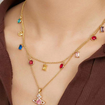 Saturn Pendant Necklace Double Gemstone Inlaid Necklace