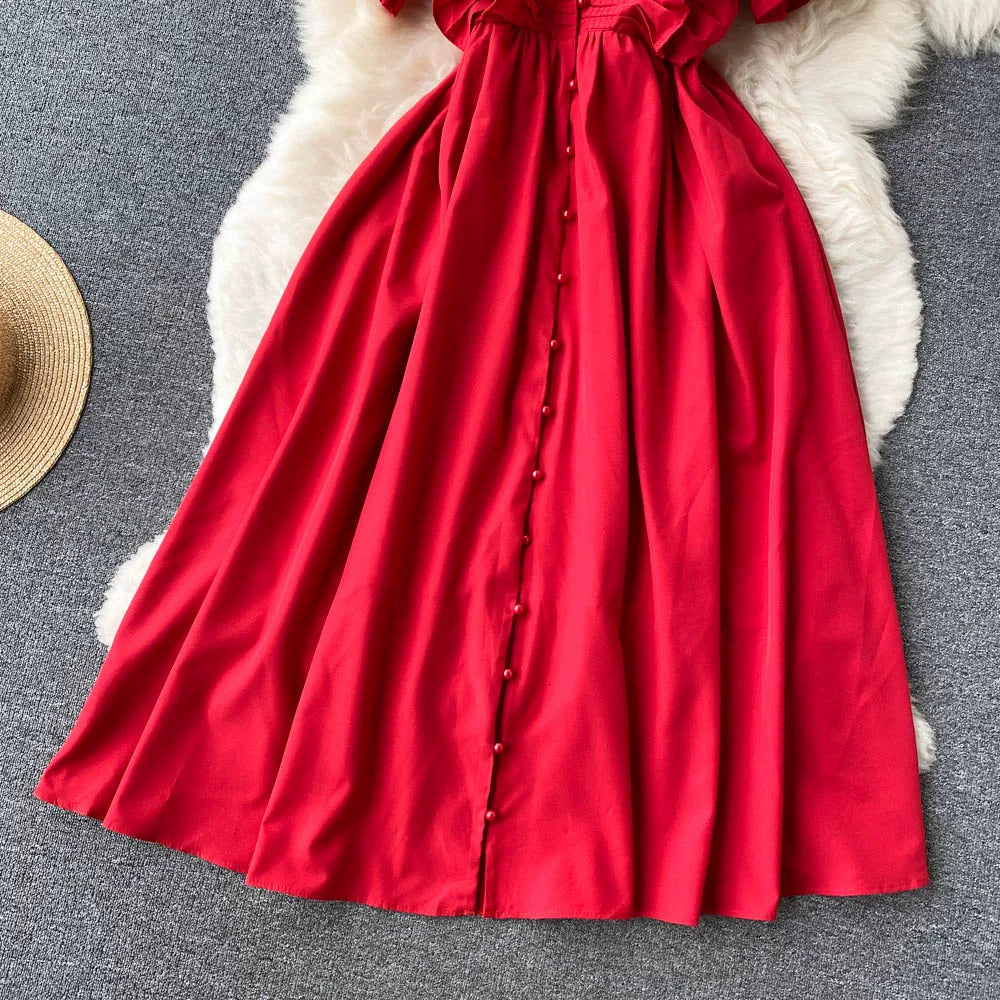 Short Sleeve V-neck Solid A-Line Dress Summer Ruffles High Waist Maxi Dress Ladies Elegant Dresses Clothes Women Wholesale NovaCart