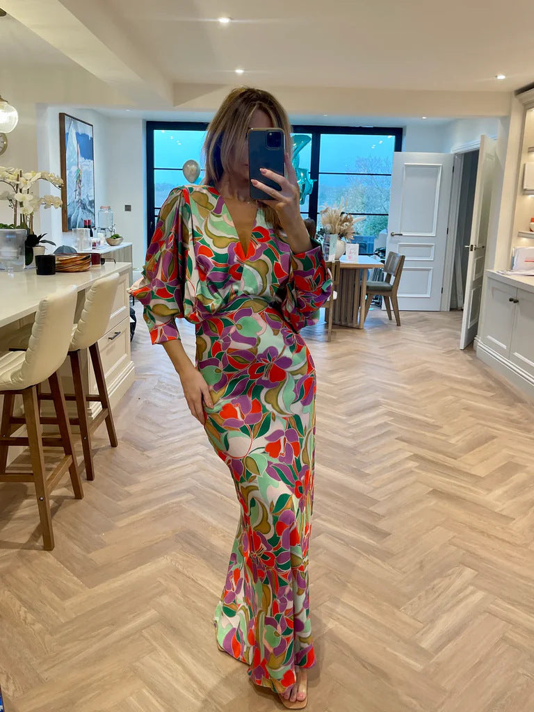 Floral V-neck Tight Waist Dress High-grade Sense Grayceful LLC