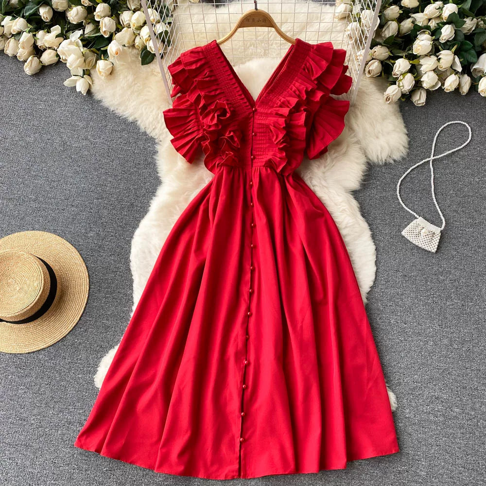 Short Sleeve V-neck Solid A-Line Dress Summer Ruffles High Waist Maxi Dress Ladies Elegant Dresses Clothes Women Wholesale NovaCart