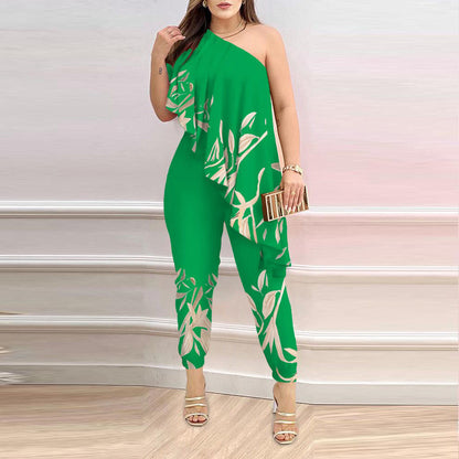 Printed One-shoulder Ruffled Jumpsuit Grayceful LLC