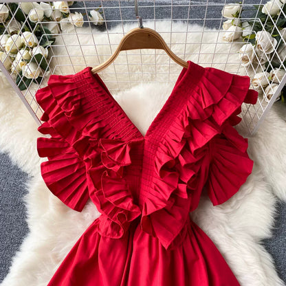 Short Sleeve V-neck Solid A-Line Dress Summer Ruffles High Waist Maxi Dress Ladies Elegant Dresses Clothes Women Wholesale NovaCart