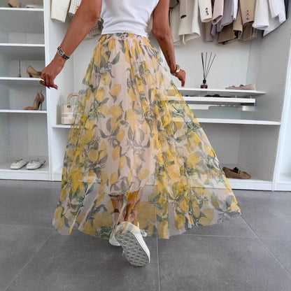 Summer New Mesh Lemon Printing Elastic Waist Large Swing Casual Skirt Women Grayceful LLC