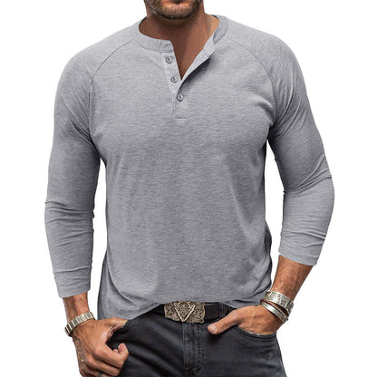 Mens Round Neck Henry Solid Color Long Sleeve T shirt FitiqueFit