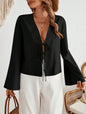 Cotton Linen Lace Up Bow Shirts Women Loose Hollow Out V Neck Long Sleeve Tops