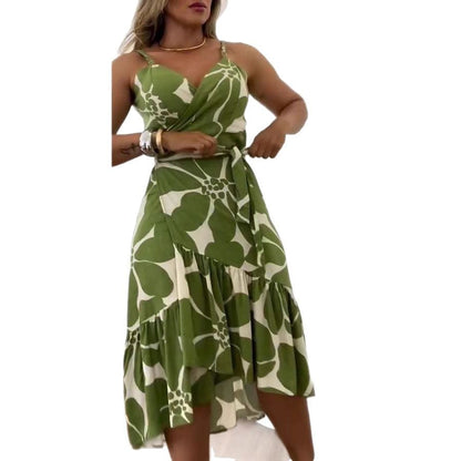 Elegance Women's Cross Collar Belt Floral Print Dress Grayceful LLC