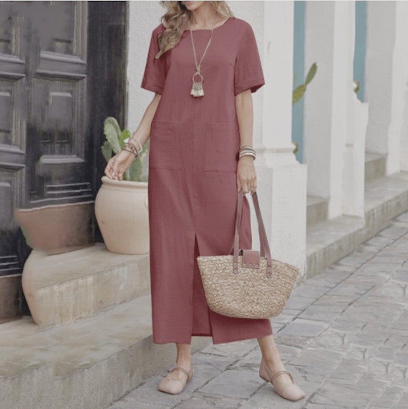 Cotton And Linen Solid Color Loose Round Neck Short Sleeve Dress Women Grayceful LLC