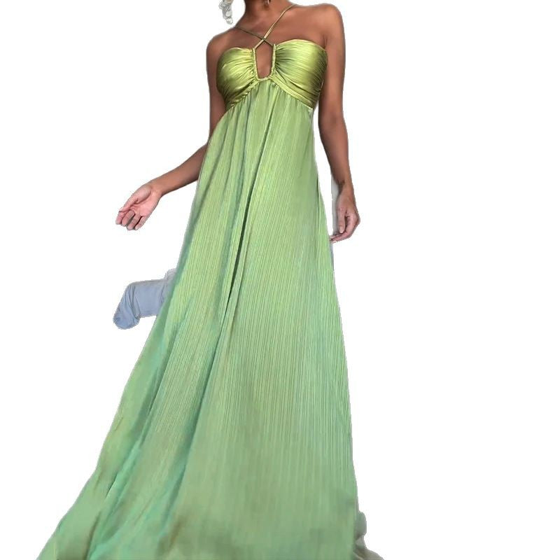 Halter Cut-out Low-cut Pleated Expansion Skirt For Vacation Dress Grayceful LLC