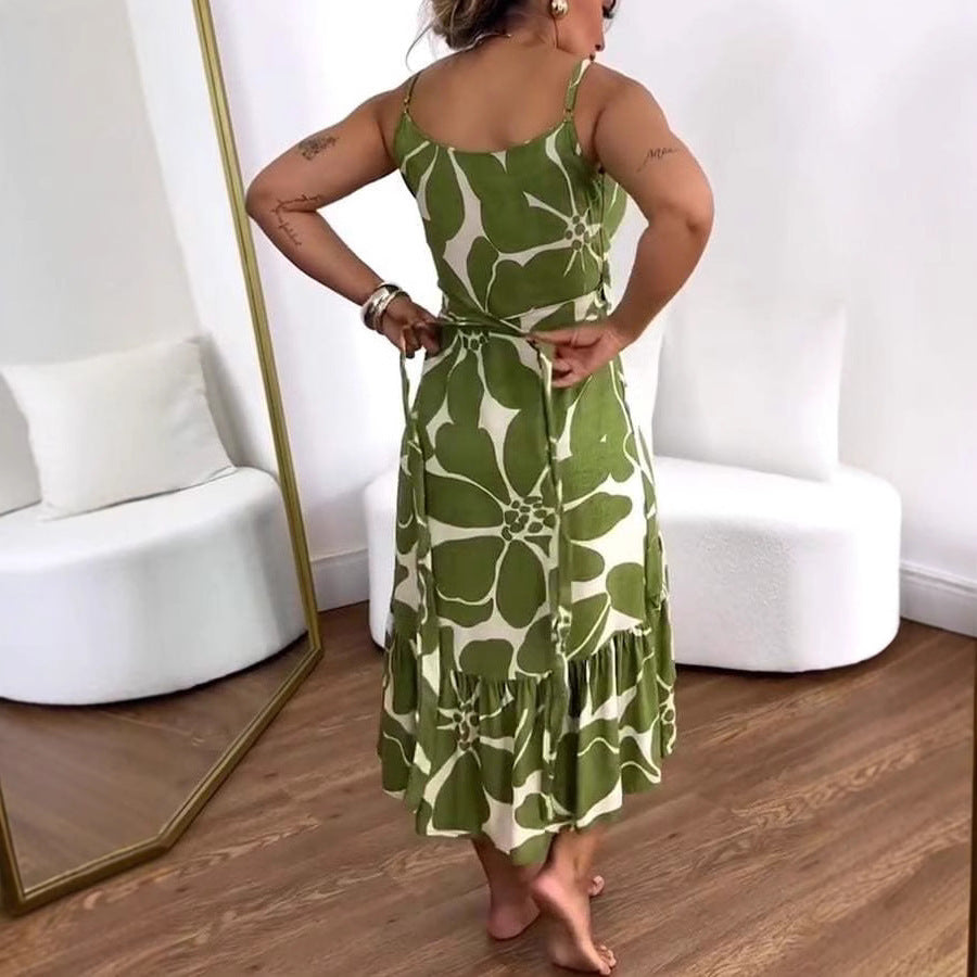 Elegance Women's Cross Collar Belt Floral Print Dress Grayceful LLC