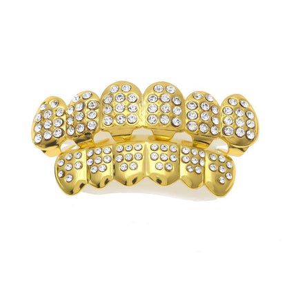 Hip-hop diamond-encrusted and gold-plated teeth grillz