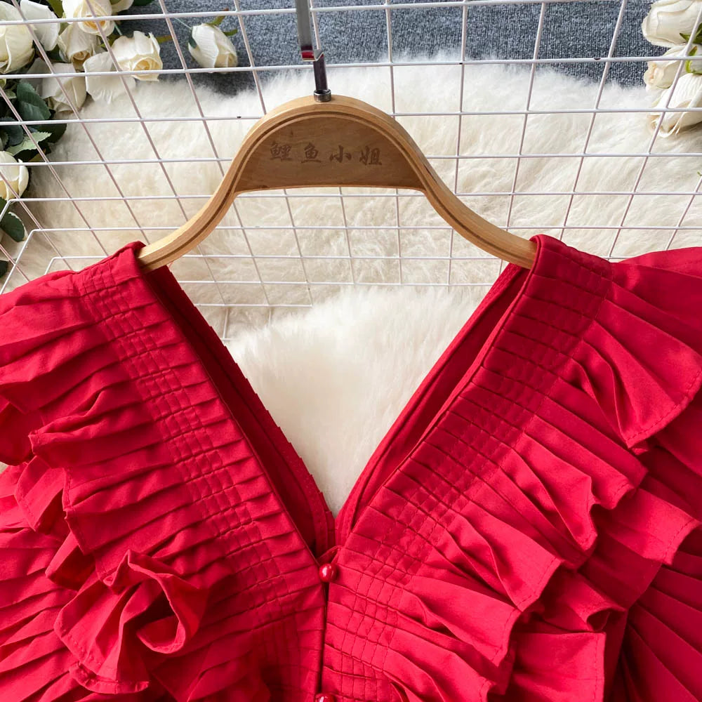 Short Sleeve V-neck Solid A-Line Dress Summer Ruffles High Waist Maxi Dress Ladies Elegant Dresses Clothes Women Wholesale NovaCart