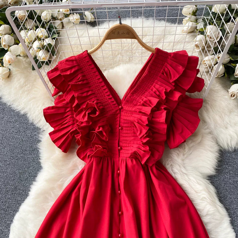 Short Sleeve V-neck Solid A-Line Dress Summer Ruffles High Waist Maxi Dress Ladies Elegant Dresses Clothes Women Wholesale NovaCart