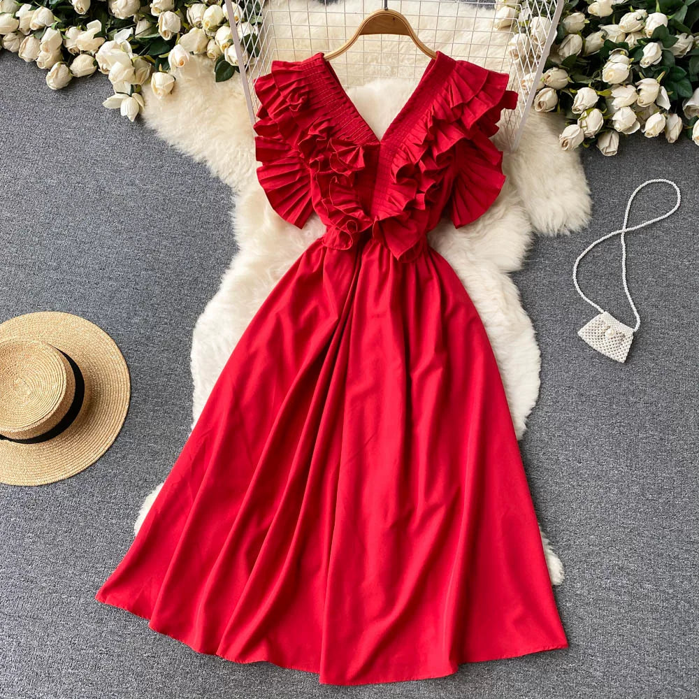 Short Sleeve V-neck Solid A-Line Dress Summer Ruffles High Waist Maxi Dress Ladies Elegant Dresses Clothes Women Wholesale NovaCart