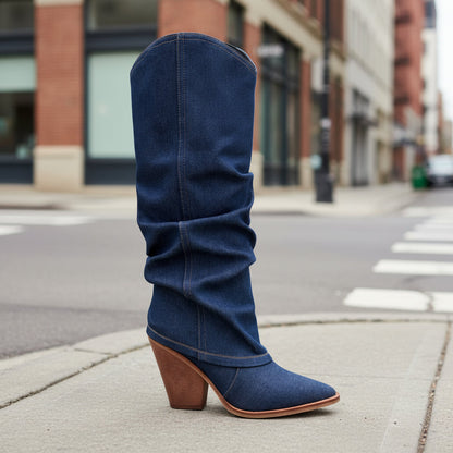 Vintage Pointed-Toe Chunky Heel High Tube Boots — Statement Heels FitiqueFit