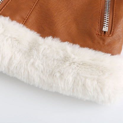 Autumn and winter fleece leather women's warm long-sleeved lapel coat jacket