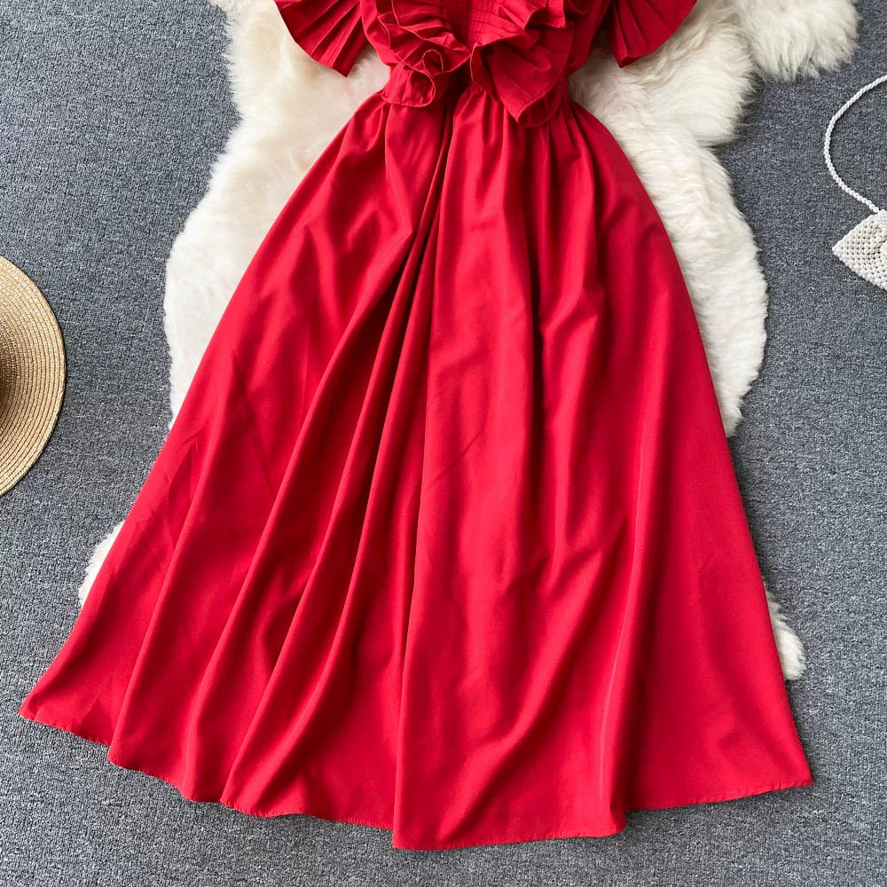 Short Sleeve V-neck Solid A-Line Dress Summer Ruffles High Waist Maxi Dress Ladies Elegant Dresses Clothes Women Wholesale NovaCart