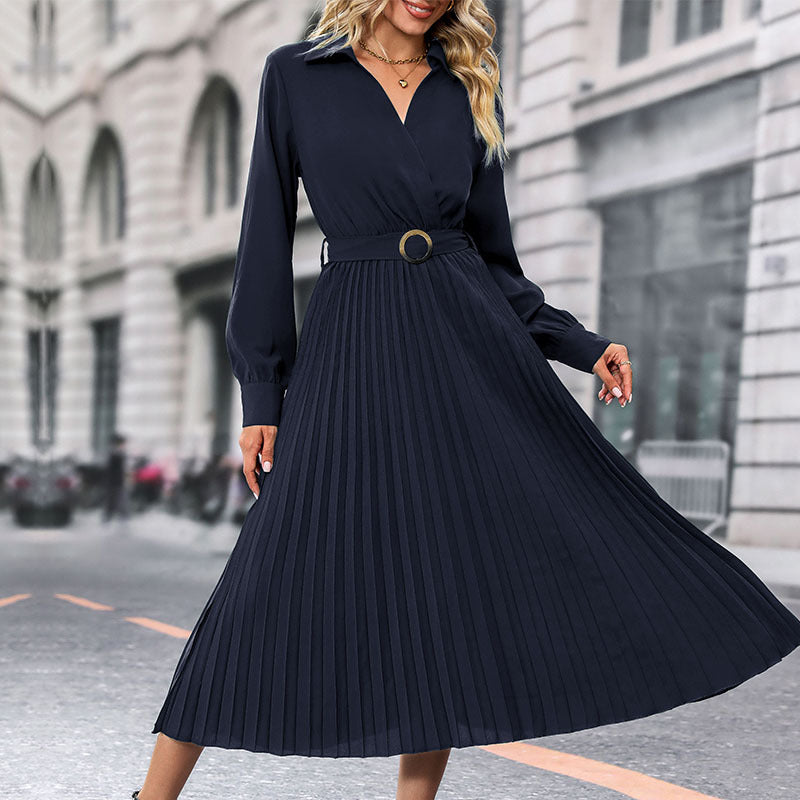 Lapel Shirt Women Pleated Long Sleeve Dress Grayceful LLC