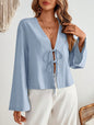 Cotton Linen Lace Up Bow Shirts Women Loose Hollow Out V Neck Long Sleeve Tops