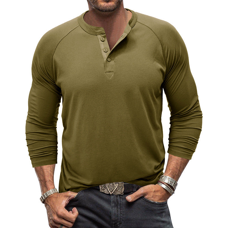 Mens Round Neck Henry Solid Color Long Sleeve T shirt FitiqueFit