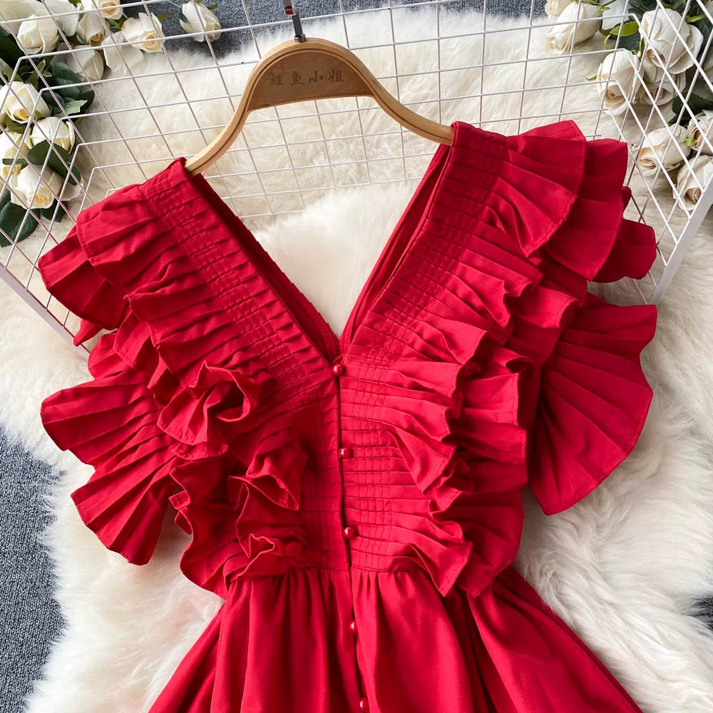 Short Sleeve V-neck Solid A-Line Dress Summer Ruffles High Waist Maxi Dress Ladies Elegant Dresses Clothes Women Wholesale NovaCart