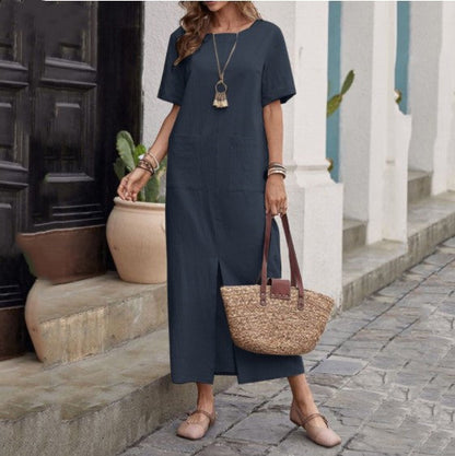 Cotton And Linen Solid Color Loose Round Neck Short Sleeve Dress Women Grayceful LLC