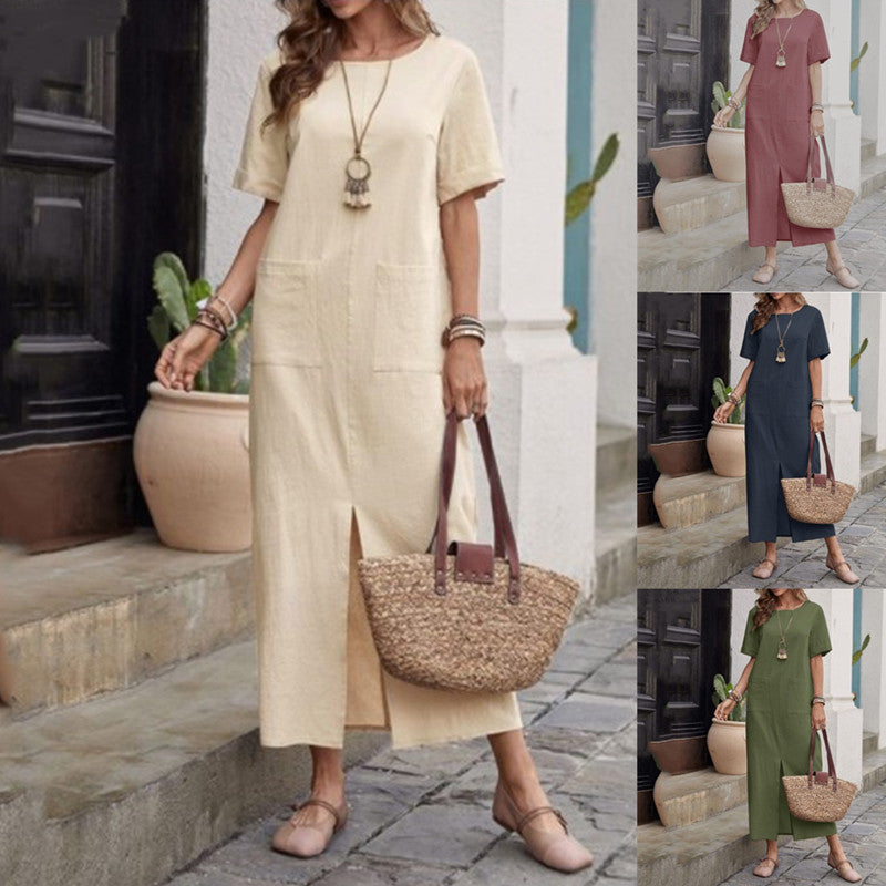 Cotton And Linen Solid Color Loose Round Neck Short Sleeve Dress Women Grayceful LLC