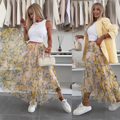Summer New Mesh Lemon Printing Elastic Waist Large Swing Casual Skirt Women Grayceful LLC