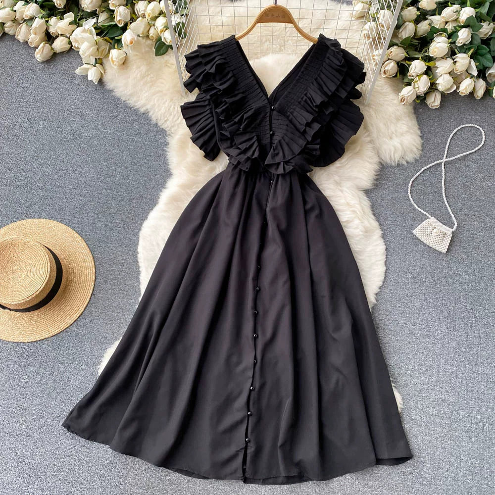 Short Sleeve V-neck Solid A-Line Dress Summer Ruffles High Waist Maxi Dress Ladies Elegant Dresses Clothes Women Wholesale NovaCart