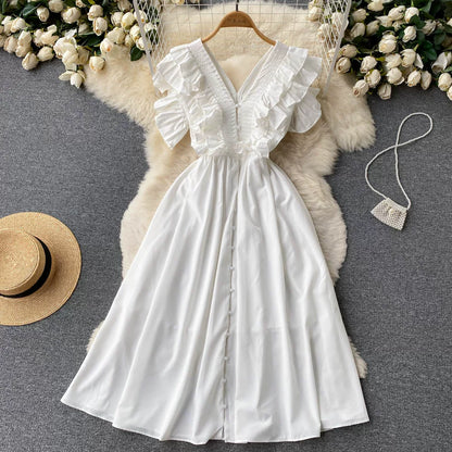 Short Sleeve V-neck Solid A-Line Dress Summer Ruffles High Waist Maxi Dress Ladies Elegant Dresses Clothes Women Wholesale NovaCart
