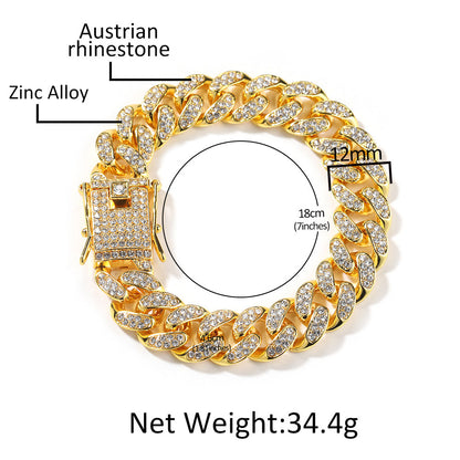 Hip-Hop 12mm Diamond-Encrusted Cuban Chain Bracelet