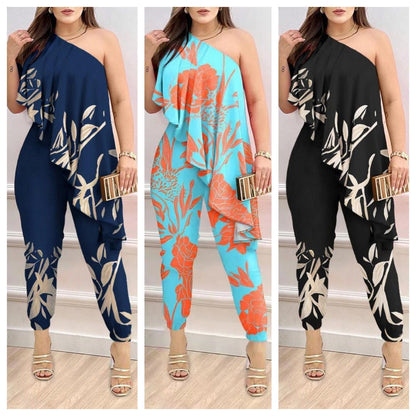 Printed One-shoulder Ruffled Jumpsuit Grayceful LLC