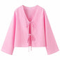 Cotton Linen Lace Up Bow Shirts Women Loose Hollow Out V Neck Long Sleeve Tops