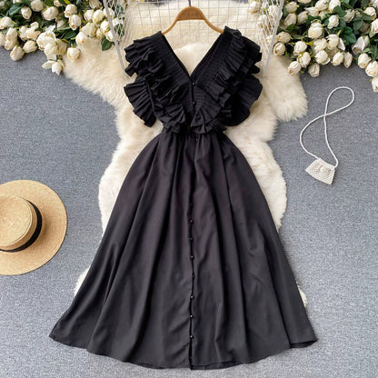 Short Sleeve V-neck Solid A-Line Dress Summer Ruffles High Waist Maxi Dress Ladies Elegant Dresses Clothes Women Wholesale NovaCart