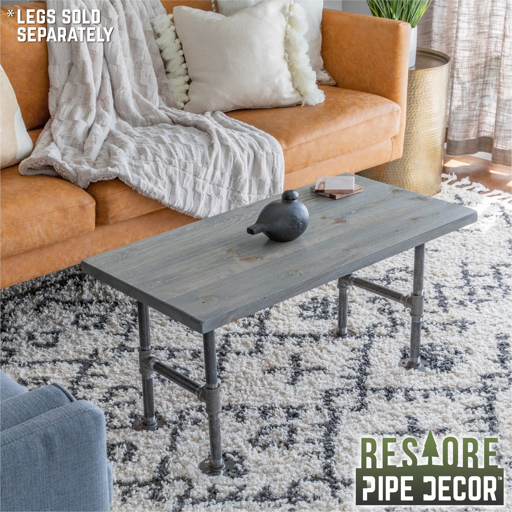RESTORE Riverstone Grey Solid Wood Coffee Tabletop PIPE DECOR