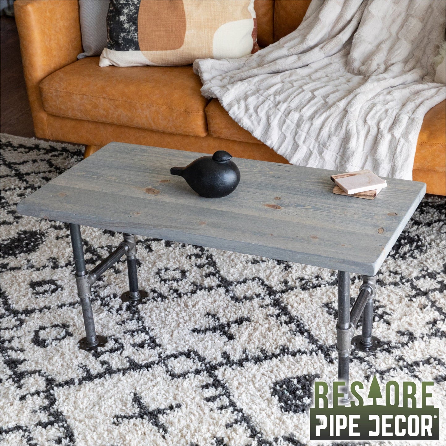 RESTORE Riverstone Grey Solid Wood Coffee Tabletop PIPE DECOR