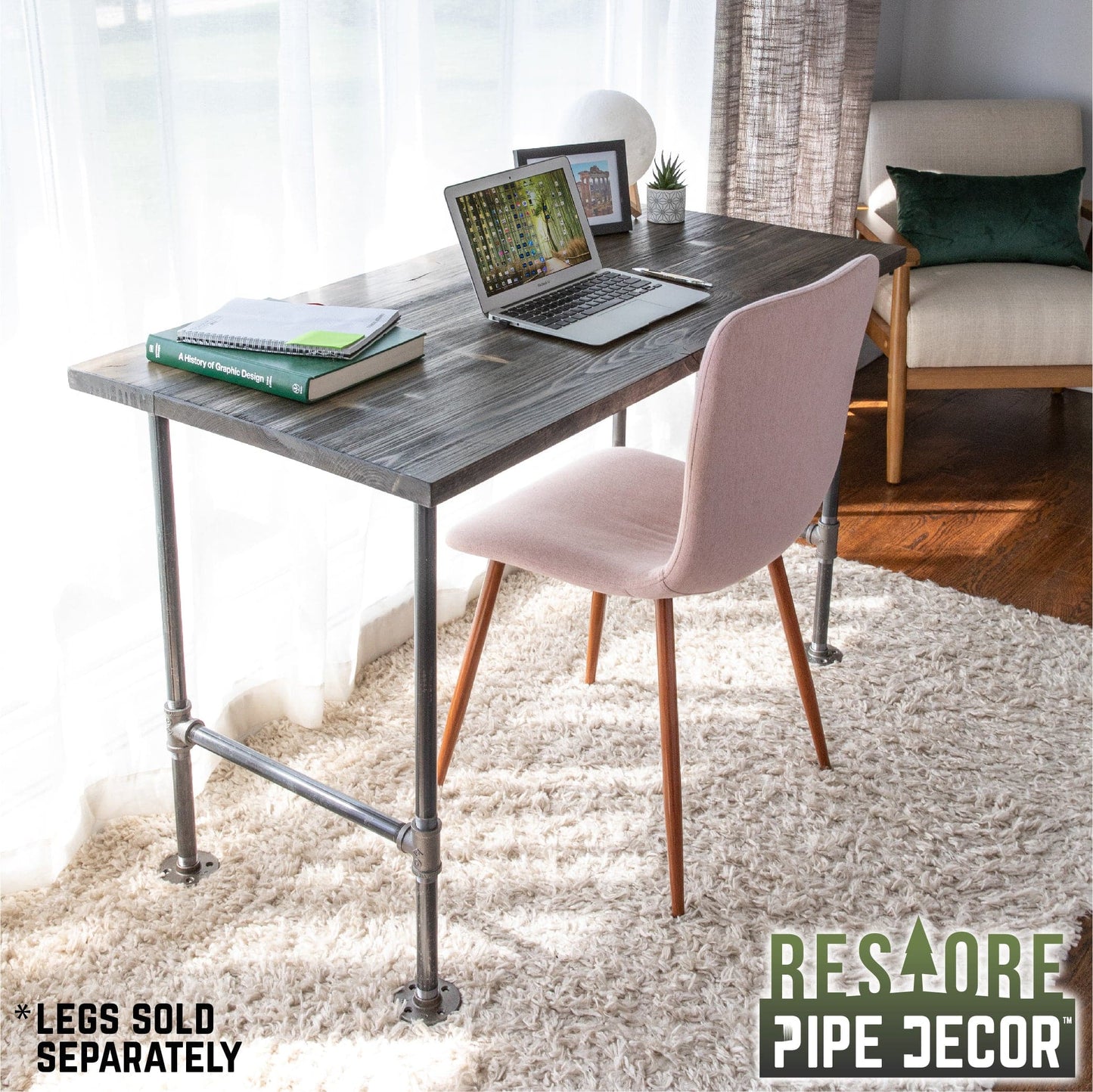 RESTORE Boulder Black Solid Wood Desk Tabletop PIPE DECOR