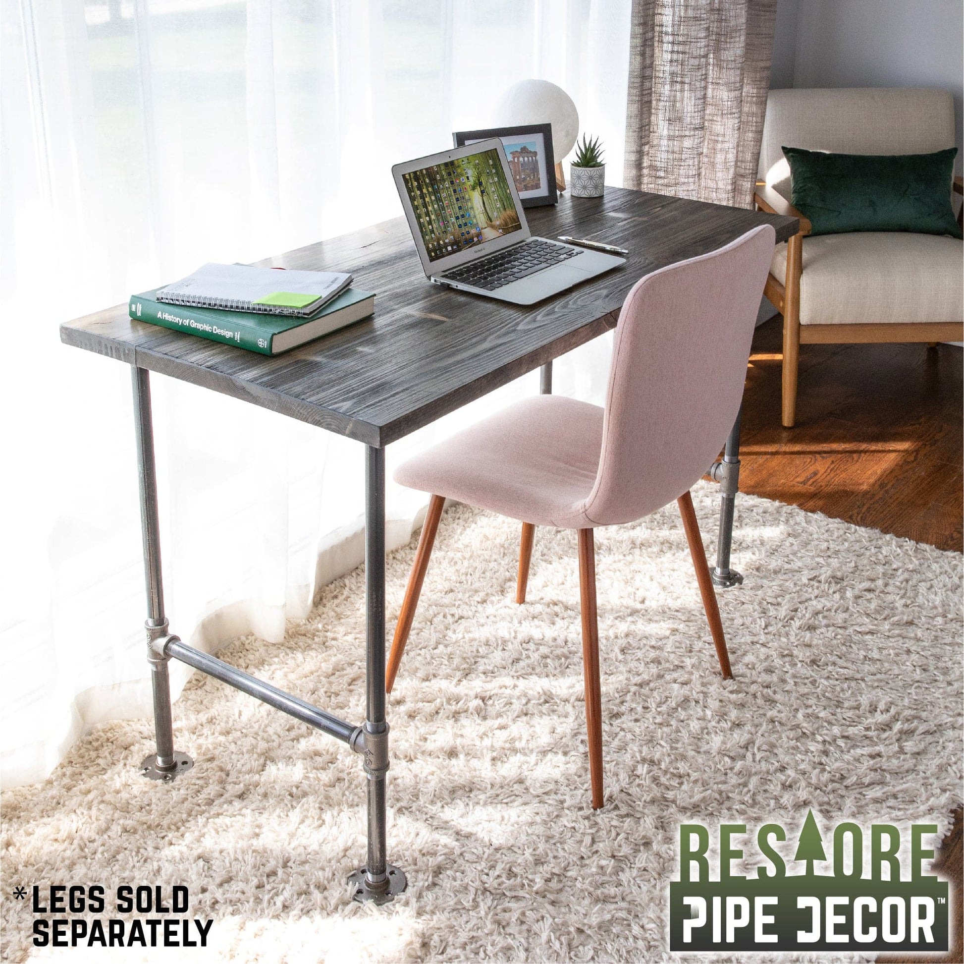 RESTORE Boulder Black Solid Wood Desk Tabletop PIPE DECOR