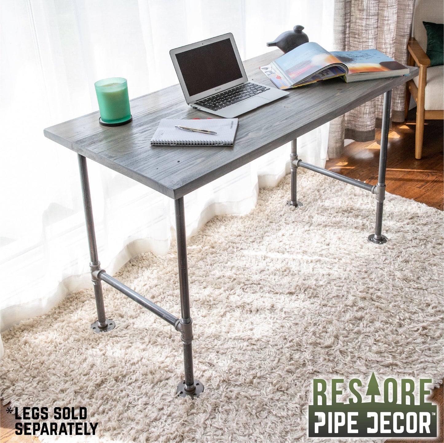 RESTORE Riverstone Grey Solid Wood Desk Tabletop PIPE DECOR