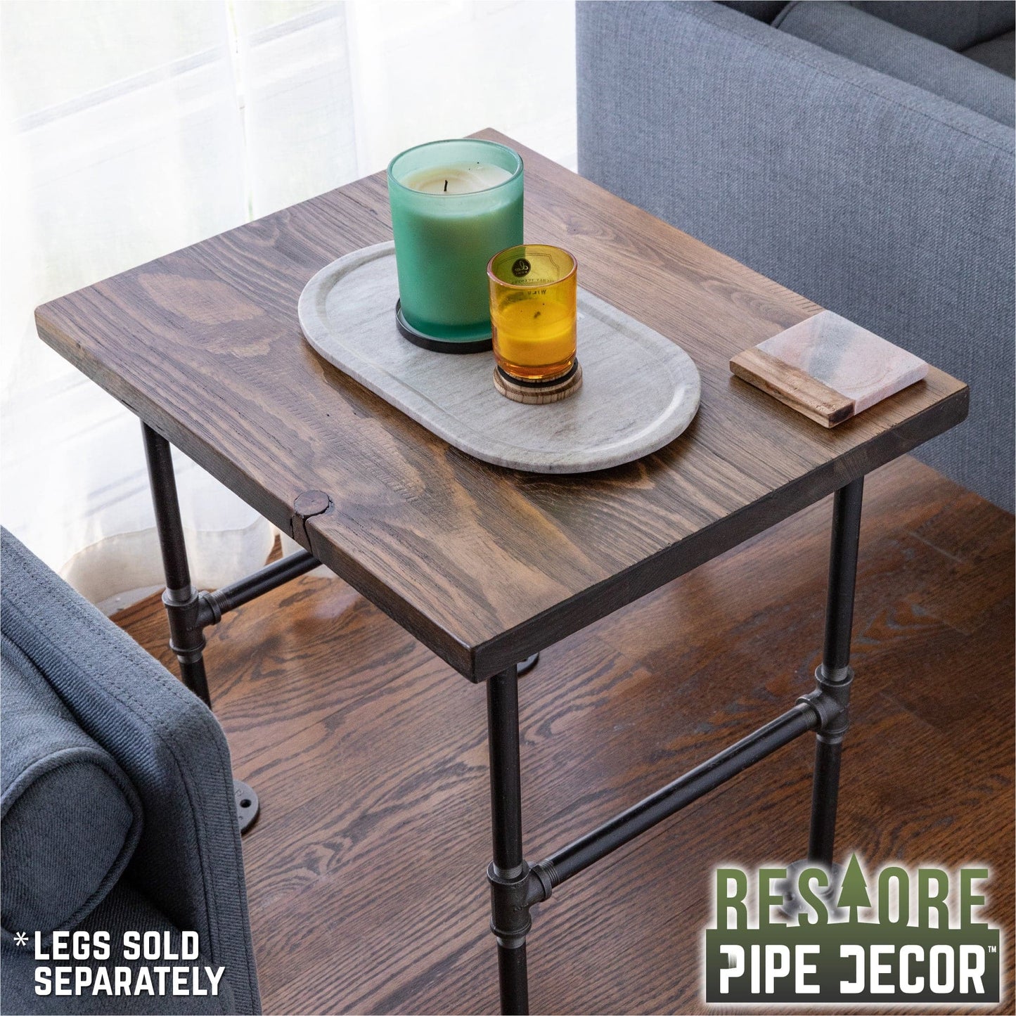 RESTORE Trail Brown Solid Wood End Tabletop PIPE DECOR