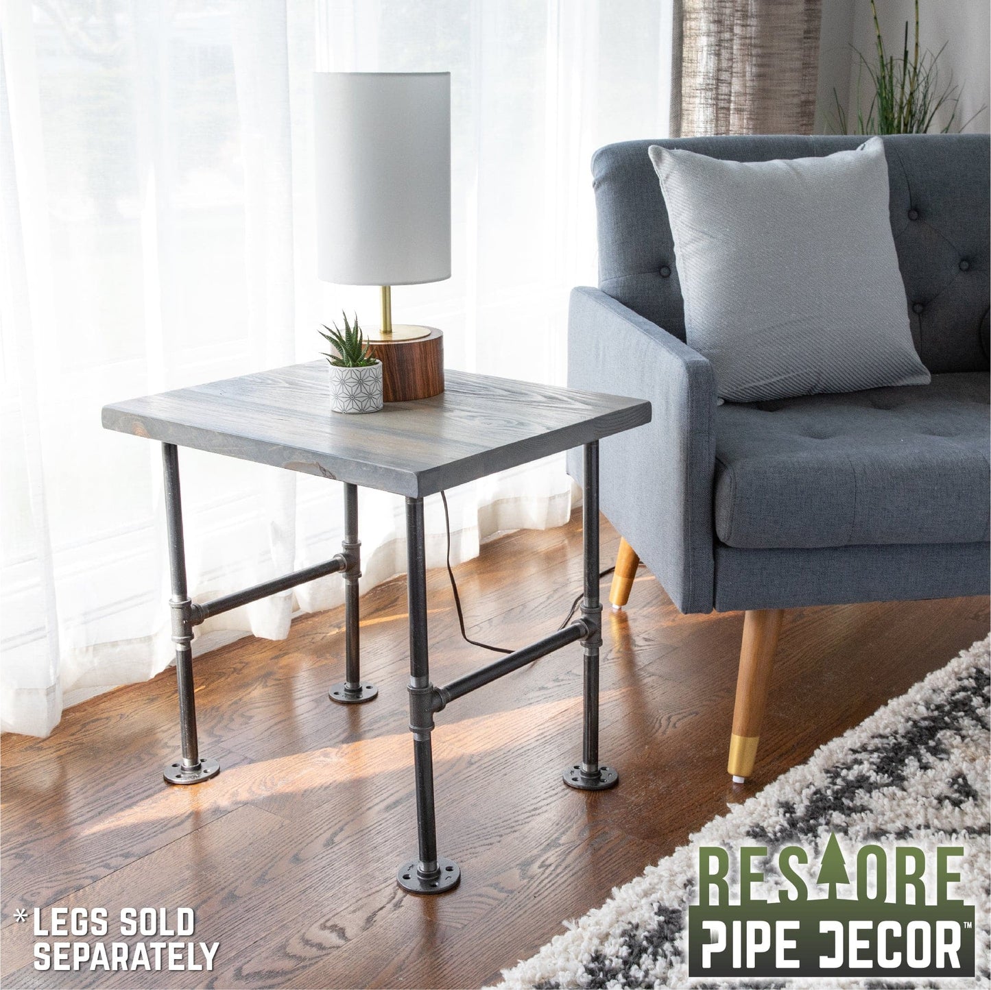 RESTORE Riverstone Grey Solid Wood End Tabletop PIPE DECOR