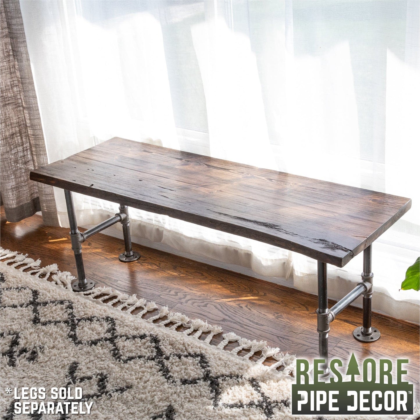 RESTORE Boulder Black Solid Live Edge Wood Console Tabletop PIPE DECOR