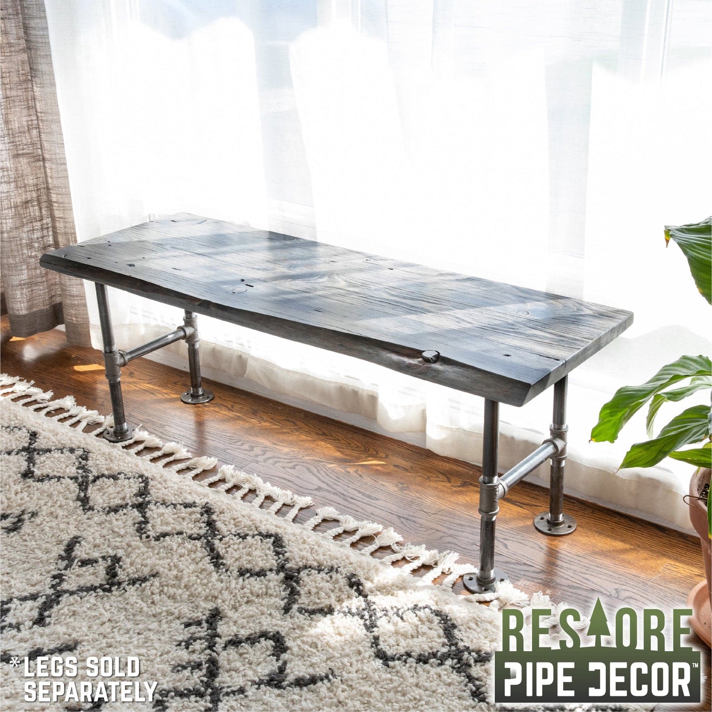 RESTORE Riverstone Grey Solid Live Edge Wood Console Tabletop PIPE DECOR