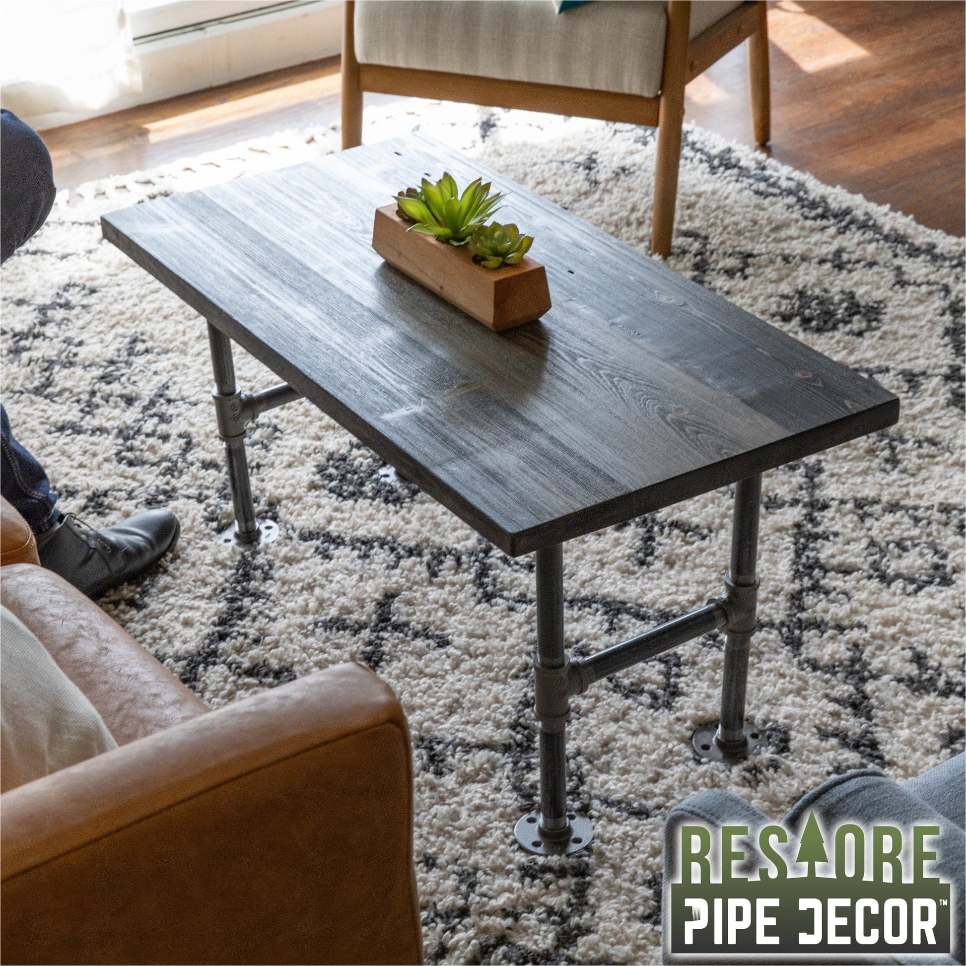 RESTORE Boulder Black Solid Wood Coffee Tabletop PIPE DECOR