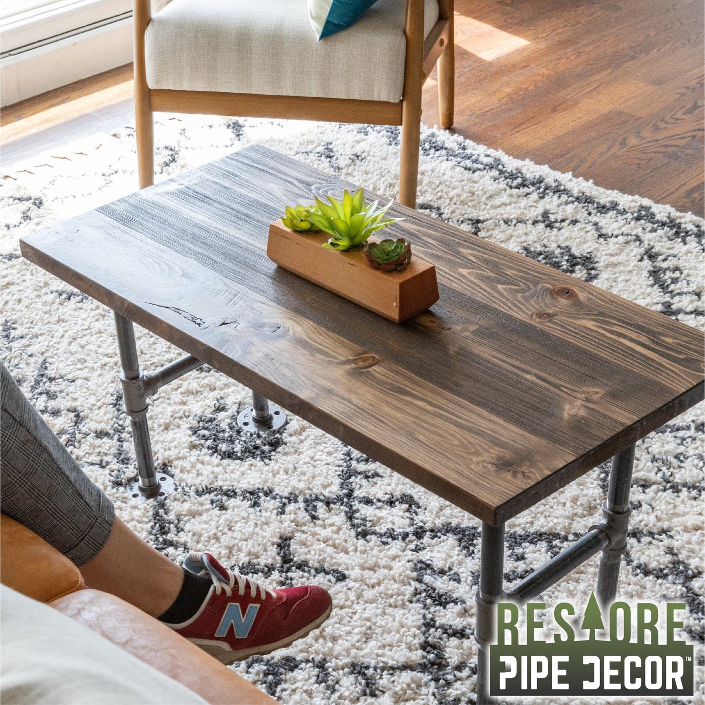 RESTORE Trail Brown Solid Wood Coffee Tabletop PIPE DECOR