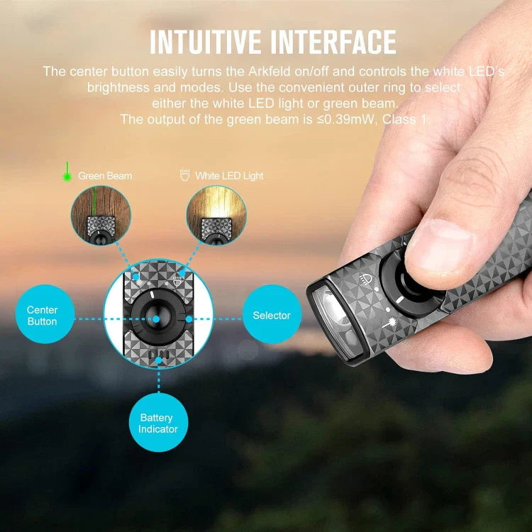 OLIGHT ARKFELDPWGMGCW Arkfeld Flat Flashlight with Green Laser & White Light - Pinwheel Gunmetal Grey VM Hardware