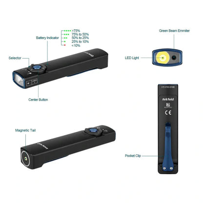 OLIGHT ARKFELDPWGMGCW Arkfeld Flat Flashlight with Green Laser & White Light - Pinwheel Gunmetal Grey VM Hardware